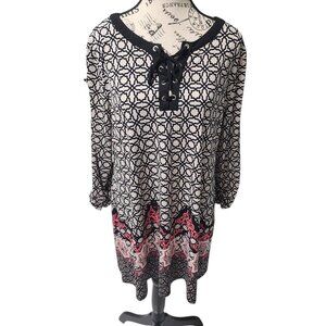 JM Collection Lace-Up Printed Tunic Top Women’s Large Boho Style Black Pink